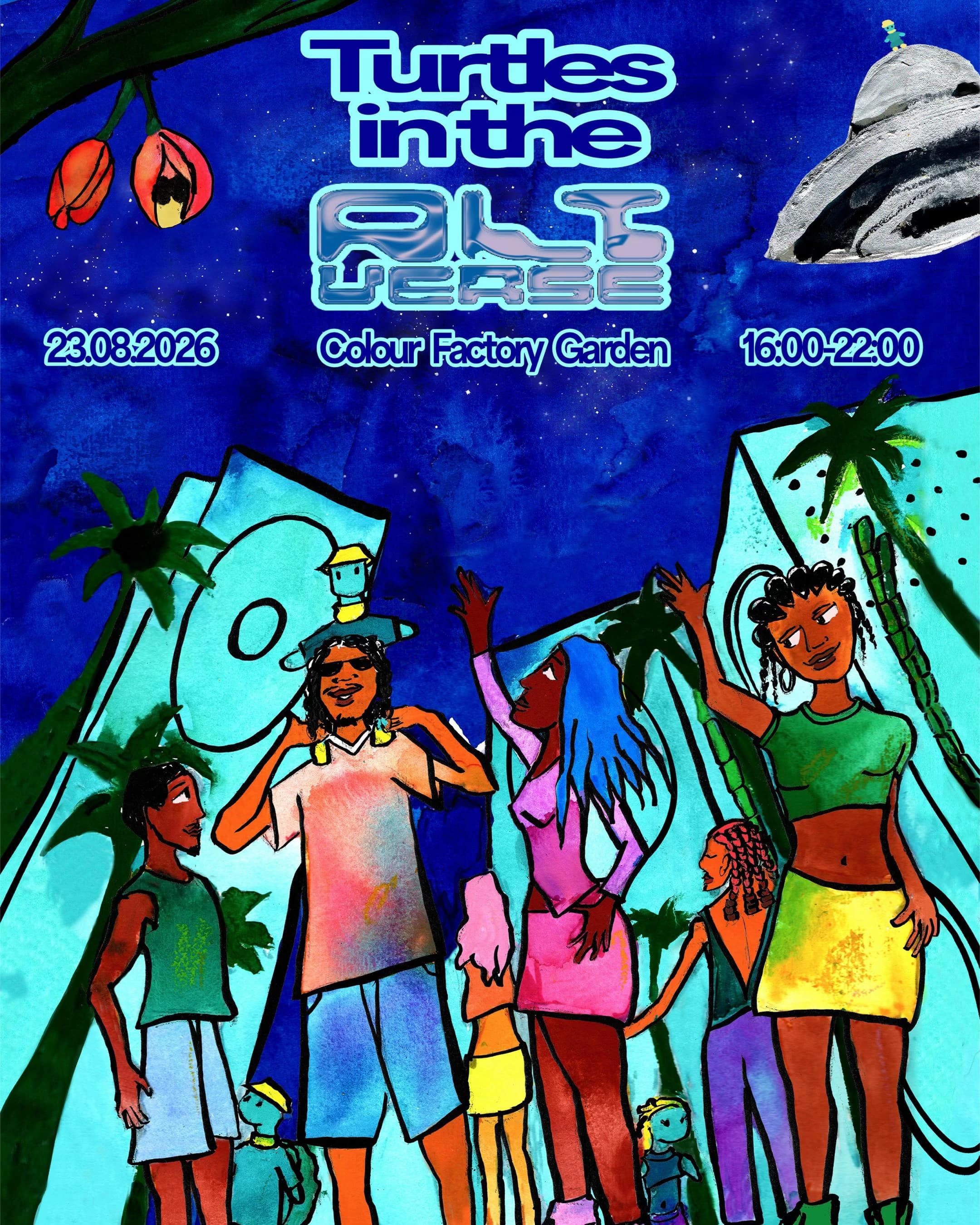 Illustration, friends partying with turtles in an alternative universe, purple skies,